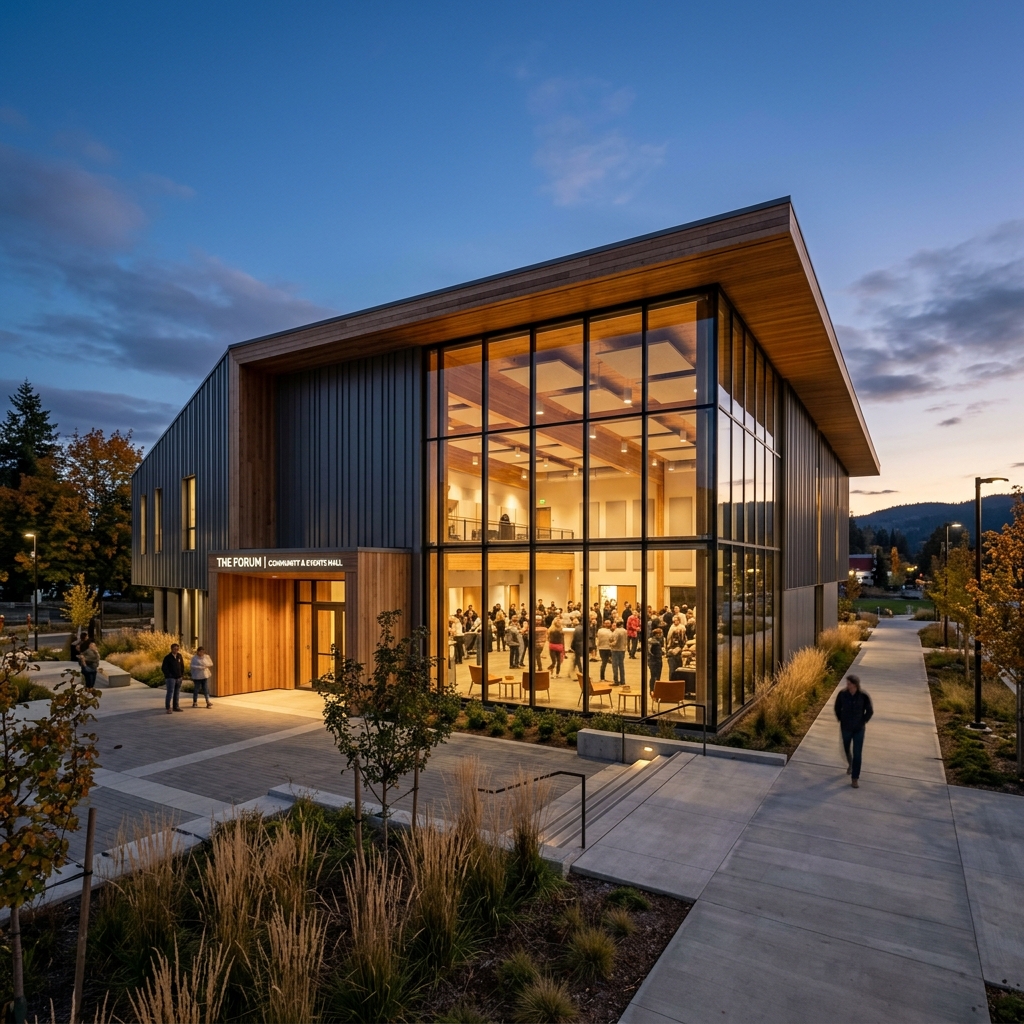 Steel and glass architectural multi-purpose hall design
