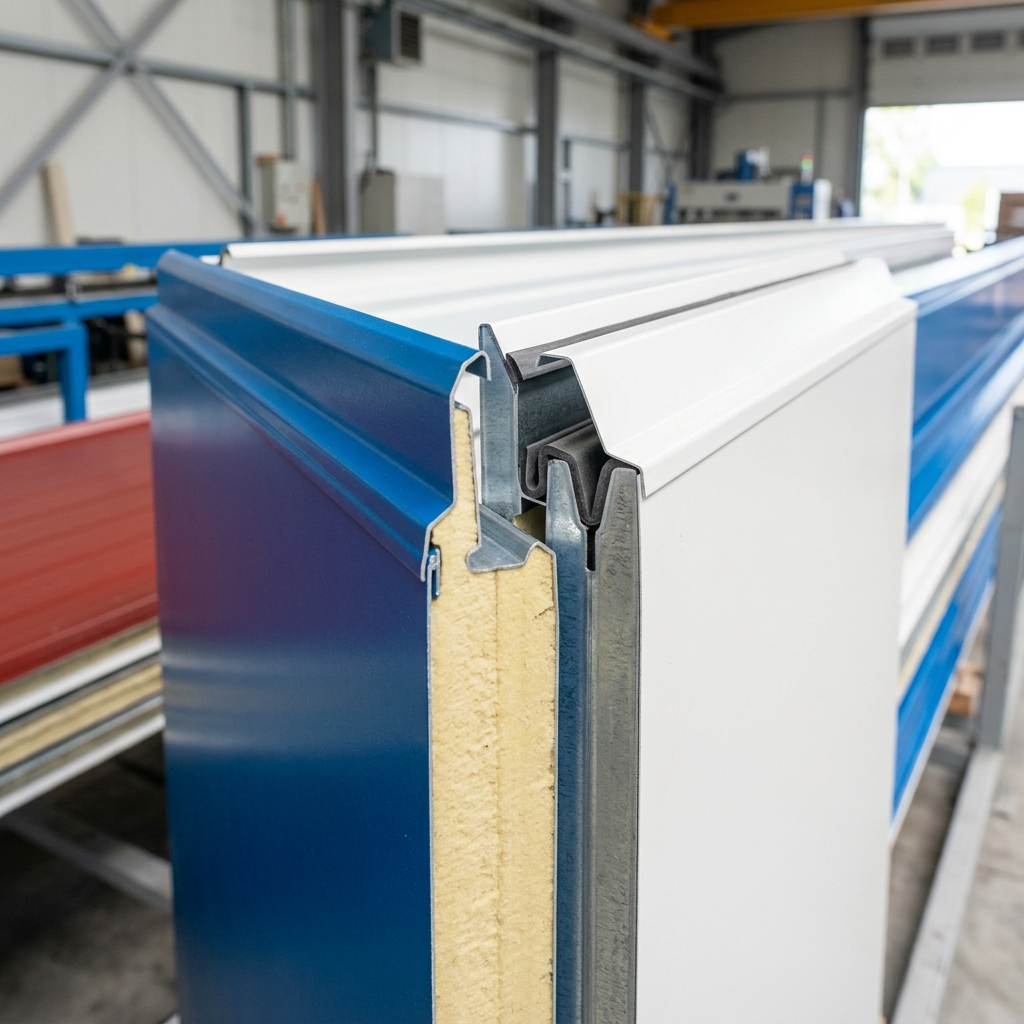 Close-up of interlocking joints on PUF sandwich insulation panels